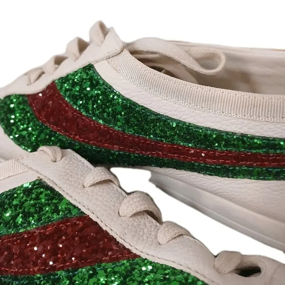 RARE Gucci Falacer Glitter Sneakers Men Sz 7 White Leather Green Red SPARKLE